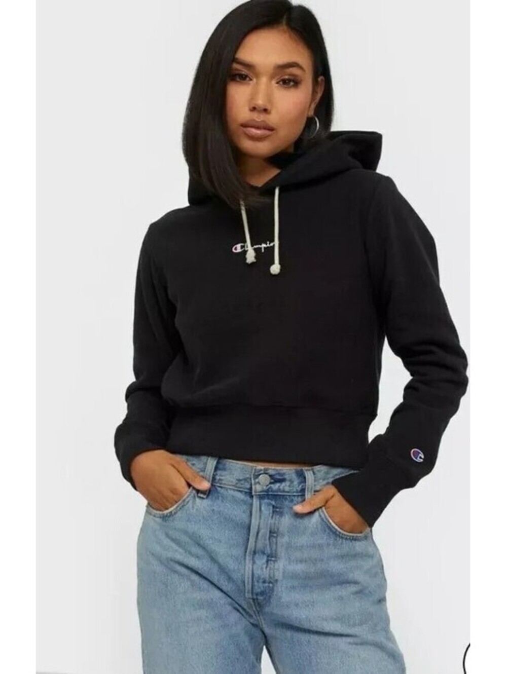 Champion Medium Black Reverse Weave Crop Hoodie Sweater Sweatshirt